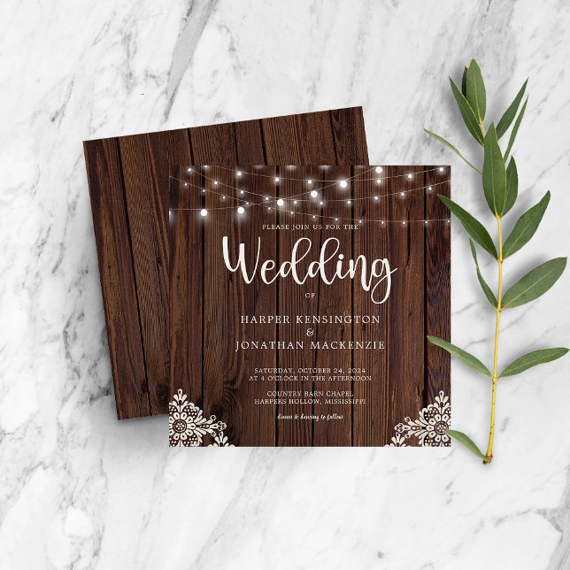 Rustic Wood Lace String Lights Wedding Invitation (Creator Uploaded)