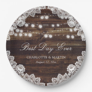 Rustic Wood Lace String Lights Wedding Paper Plate