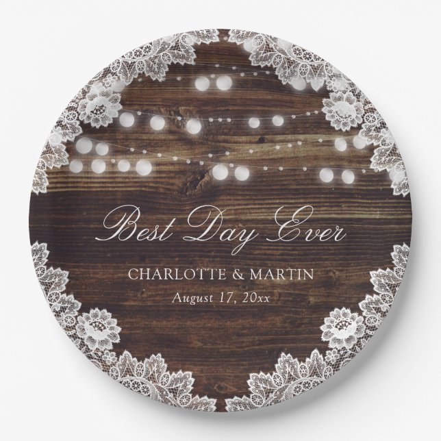 Rustic Wood Lace String Lights Wedding Paper Plate (Front)