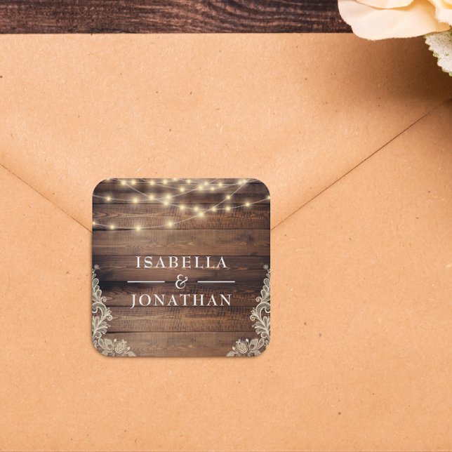 Rustic Wood, Lace & String Lights Wedding Square Sticker (Square Sticker Mock-up)