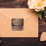Rustic Wood, Lace & String Lights Wedding Square Sticker<br><div class="desc">A cute way to add a personal touch to envelopes,  gift bags,  mason jars and more! Edit the text in the template boxes and choose the right sticker options for you!</div>