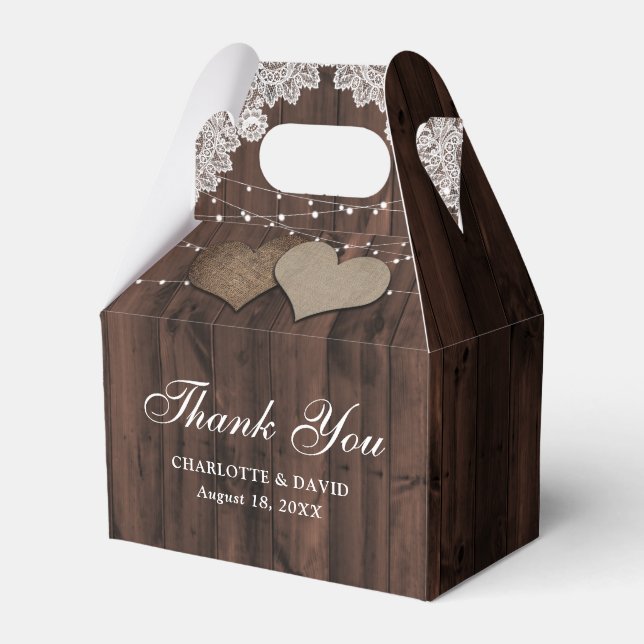 Rustic Wood Lace String Lights Wedding Thank You Favour Box (Front Side)