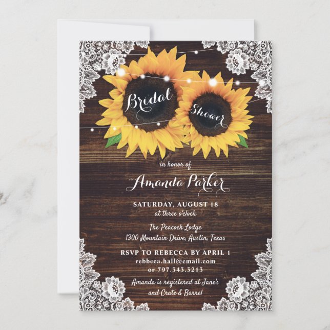 Rustic Wood Lace Sunflower Bridal Shower Invitation (Front)