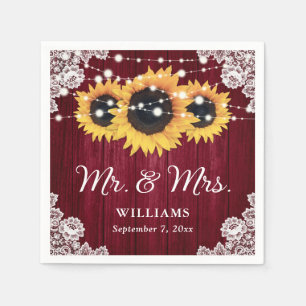 Rustic Wood Lace Sunflower Burgundy Wedding Napkin