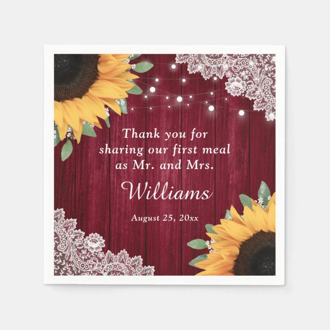 Rustic Wood Lace Sunflower Burgundy Wedding Napkin (Front)