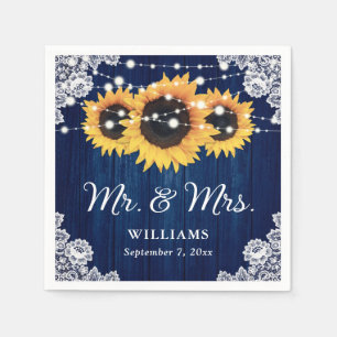 Rustic Wood Lace Sunflower Navy Blue Wedding Napkin