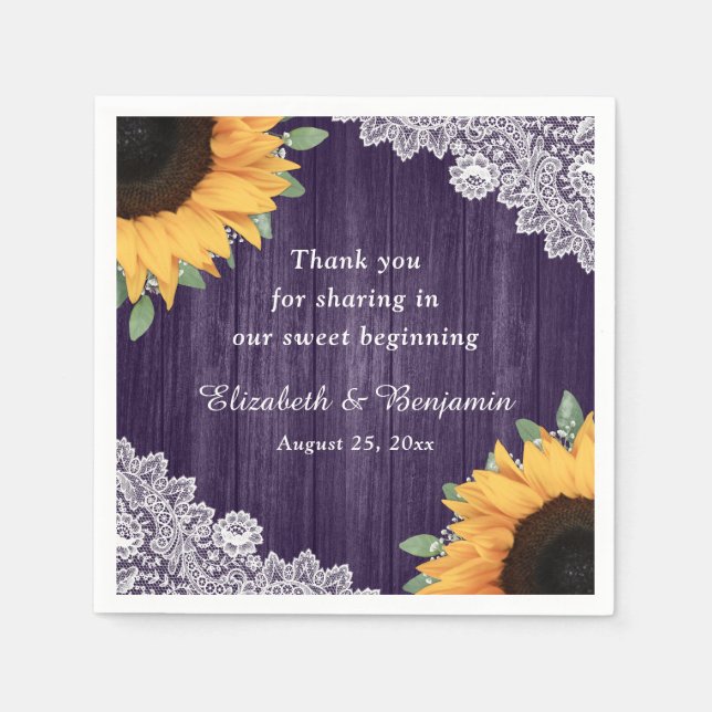 Rustic Wood Lace Sunflower Purple Wedding Napkin (Front)