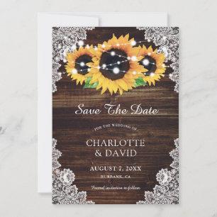 Rustic Wood Lace Sunflower Save The Date Cards