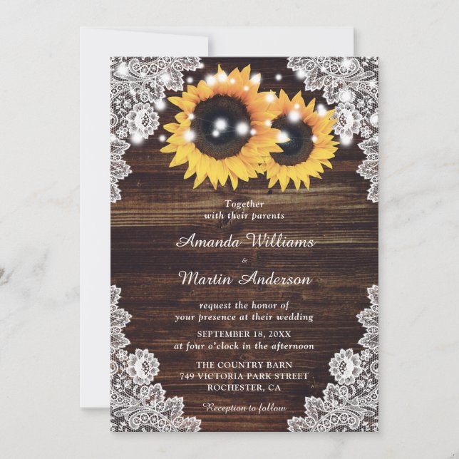 Rustic Wood Lace Sunflower Wedding Invitation (Front)
