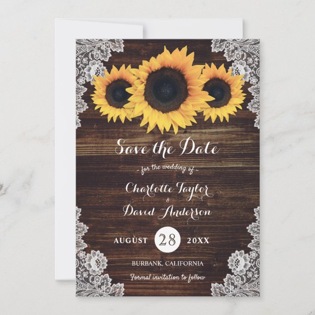 Rustic Wood Lace Sunflower Wedding Save The Date (Front)