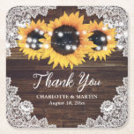 Rustic Wood Lace Sunflower Wedding Thank You Square Paper Coaster<br><div class="desc">These sunflower paper coasters are ideal for a rustic-themed wedding party inspired by sunflower flowers. You can use these as wedding favors or table decoration.</div>