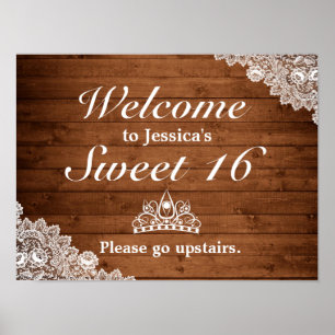 Rustic Wood & Lace Tiara Sweet 16 Welcome Sign