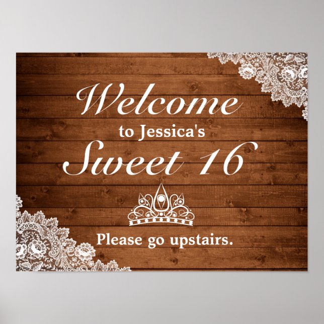 Rustic Wood & Lace Tiara  Sweet 16 Welcome Sign (Front)