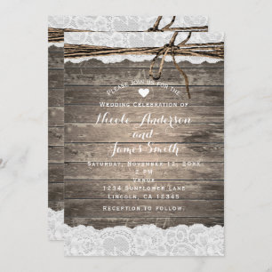 Rustic Wood Lace & Twine Romantic Barn Wedding Invitation