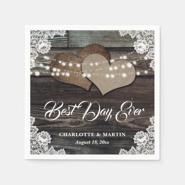 Rustic Wood Lace Two Burlap Hearts Wedding Napkin (Front)