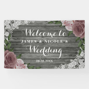 Rustic Wood Lace Wedding Floral Pink Grey Backdrop Banner