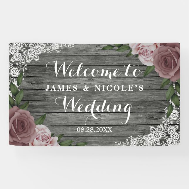 Rustic Wood Lace Wedding Floral Pink Grey Backdrop Banner (Horizontal)