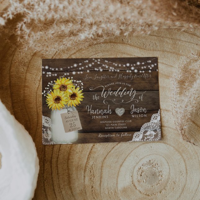 Rustic Wood Lace Wedding Invitation, Sunflower Jar Invitation (Creator Uploaded)
