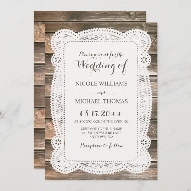 Rustic Wood Lace Wedding Invitations (Front/Back)