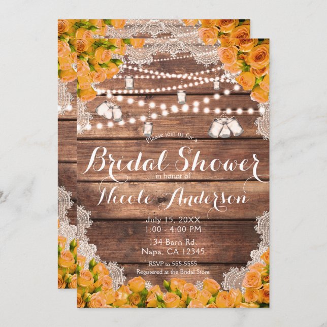 Rustic Wood Lace Yellow Rose Elegant Bridal Shower Invitation (Front/Back)
