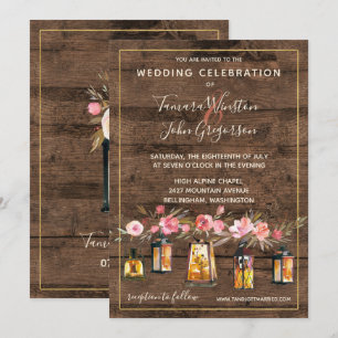 Rustic Wood Lanterns Country Coral Floral Wedding Invitation