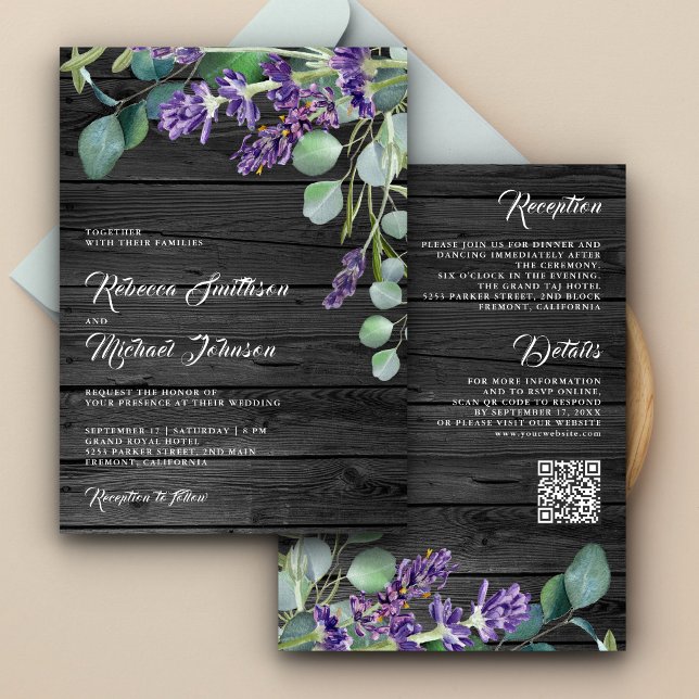 Rustic Wood Lavender Eucalyptus QR Code Wedding Invitation (Creator Uploaded)