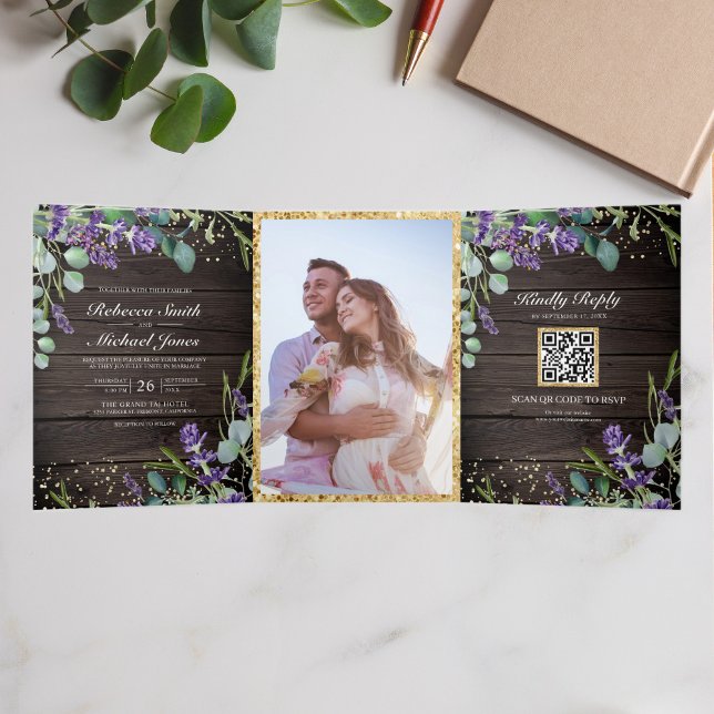 Rustic Wood Lavender Eucalyptus QR Code Wedding Tri-Fold Invitation (Creator Uploaded)