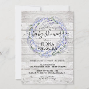 Rustic Wood Lavender Floral Wreath Baby Shower Invitation