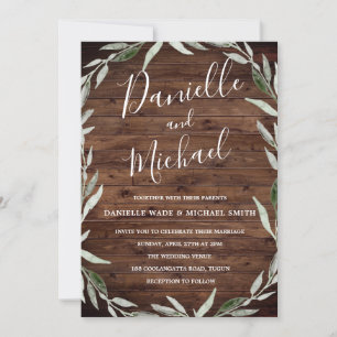 Rustic Wood Leaf Wreath Barn Wedding Invitation