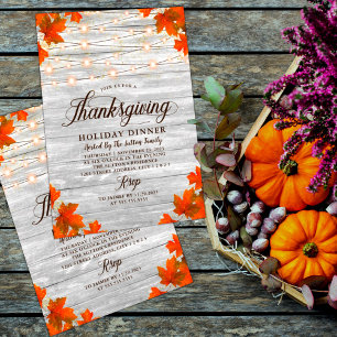 Rustic Wood Leaves String Lights Thanksgiving Invitation
