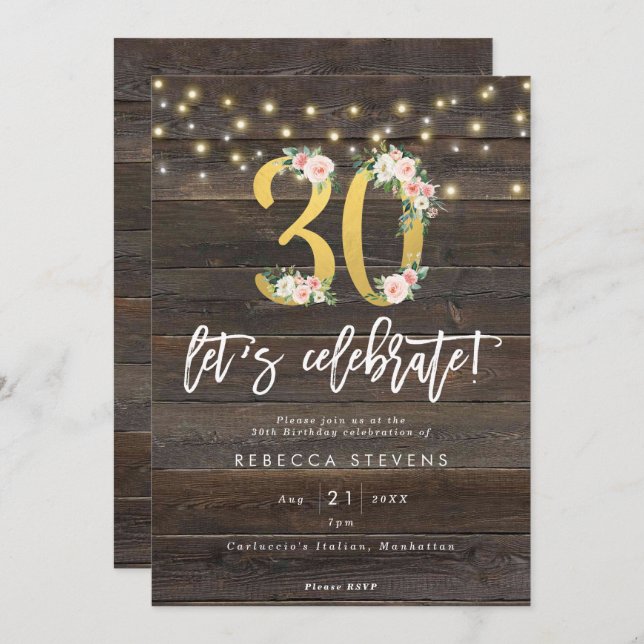 rustic wood let's celebrate 30th birthday invitation (Front/Back)