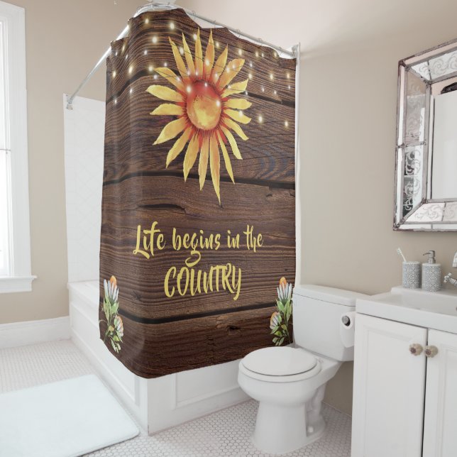 Rustic Wood Life Begins in the Country Shower Curtain (In Situ)
