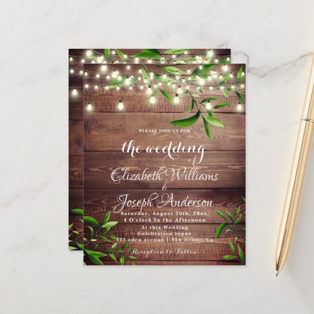 Rustic Wood Light & Greenery Wedding Invitation (Front/Back In Situ)