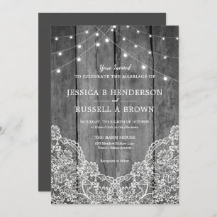Rustic Wood Light Lace B&W Wedding Invitation