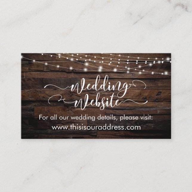 Rustic Wood & Light String Wedding Website Card (Front)