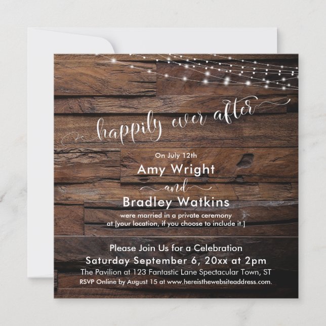 Rustic Wood Light Strings Happily Ever After Invitation (Front)