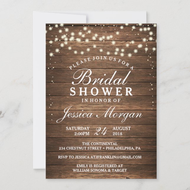 Rustic Wood & Lights Bridal Shower Invitation (Front)