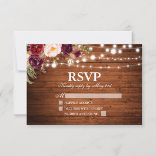 Rustic Wood Lights Burgundy Floral Wedding RSVP Card