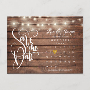 Rustic Wood Lights Calendar QR Code Save the Date Announcement Postcard