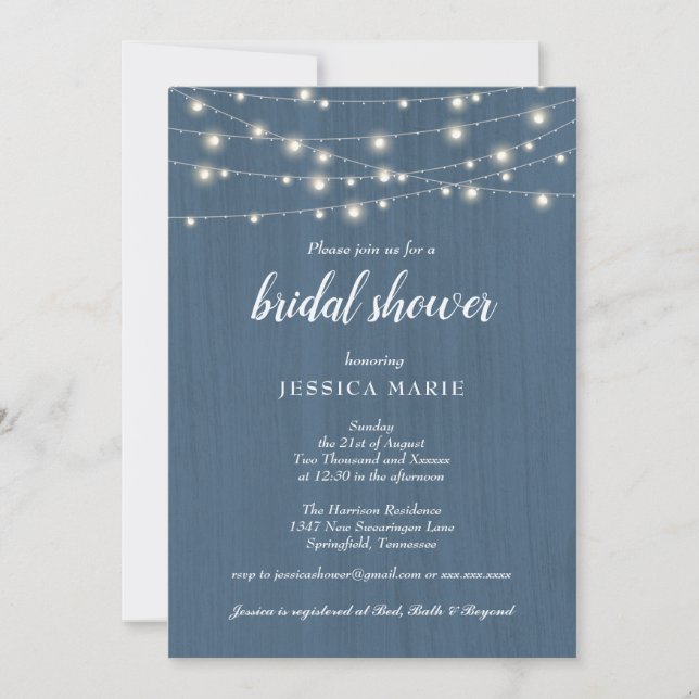 Rustic Wood Lights Dusty Blue Bridal Shower Invitation (Front)