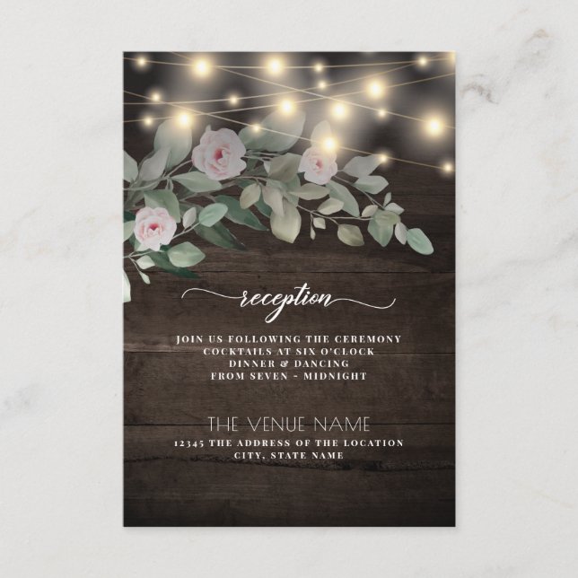 Rustic Wood Lights Elegant Boho Greenery Reception Enclosure Card (Front)