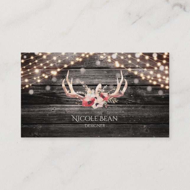 Rustic Wood & Lights Floral Antlers Boho Chic Glam Business Card (Front)