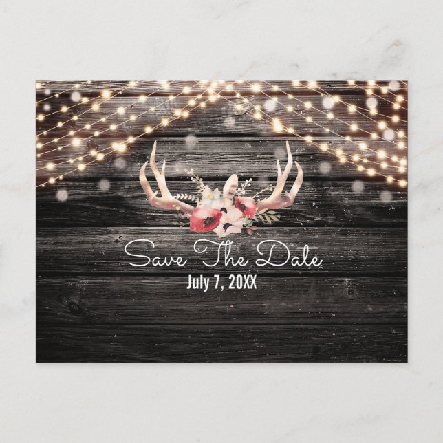 Rustic Wood & Lights Floral Antlers Save the Date Announcement Postcard (Front)