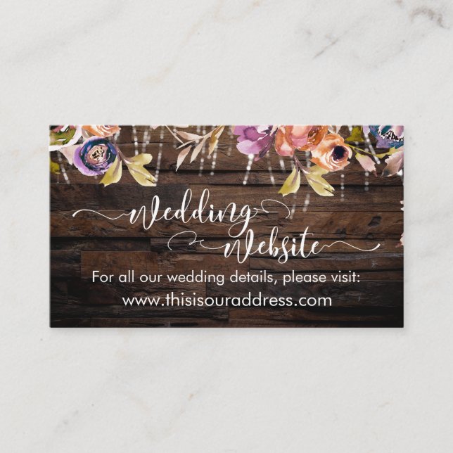Rustic Wood Lights & Flowers Wedding Website Enclosure Card (Front)