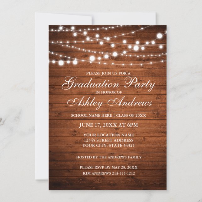 Rustic Wood Lights Graduation Party Invitation (Front)