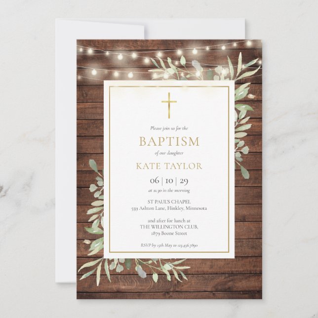 Rustic Wood Lights Greenery Baptism Christening Invitation (Front)