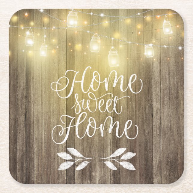 Rustic Wood & Lights Home Sweet Home Typography Square Paper Coaster (Front)