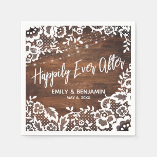 Rustic Wood Lights & Lace Happily Ever After Names Napkin