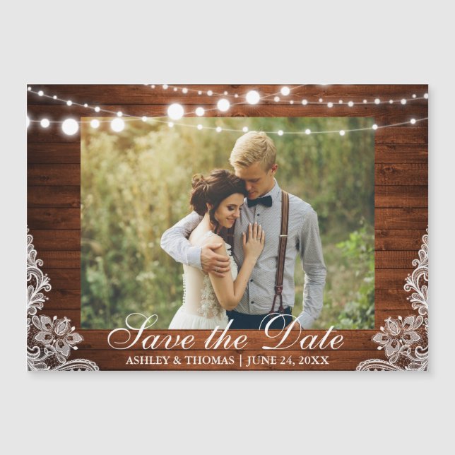Rustic Wood Lights Lace Magnetic Save the Date (Front)