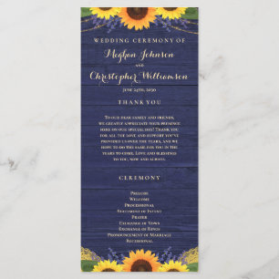 Rustic Wood Lights Lace Navy Sunflower Wedding Programme